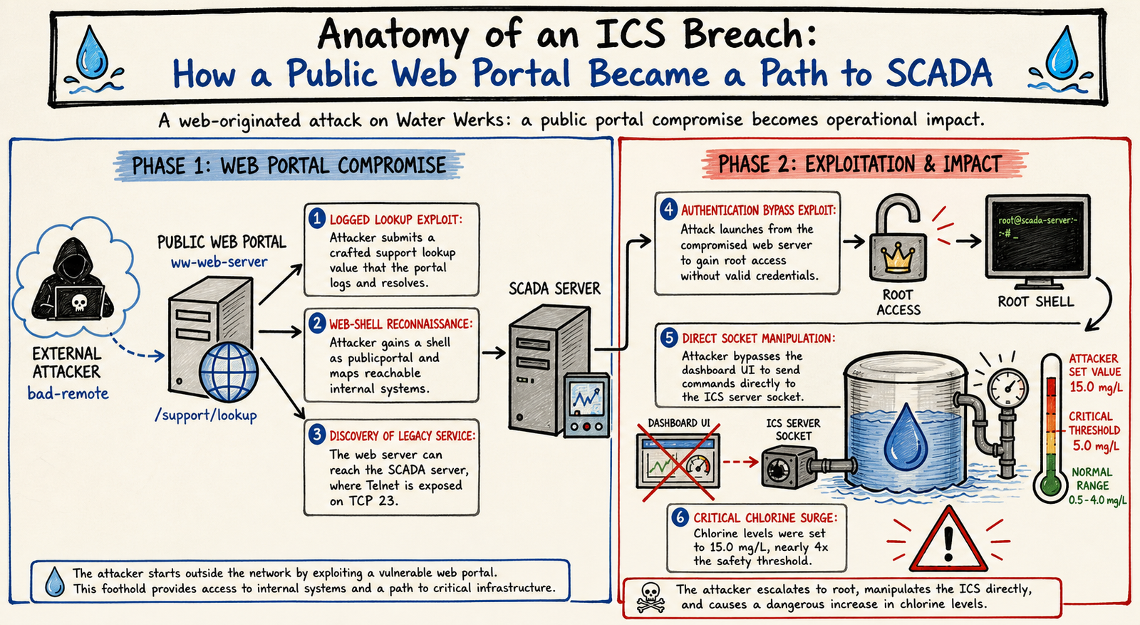 Anatomy of an ICS breach: how a public web portal became a path to SCADA — the WaterWerks Module 2 attack chain from external web compromise to critical chlorine impact.